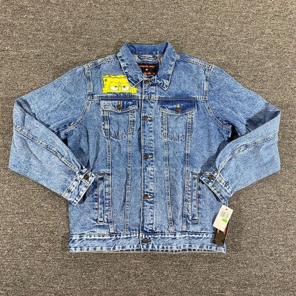Members Only Jacket Mens Sz Large Blue Denim Jean Trucker Bomber Coat SpongeBob - Picture 1 of 12